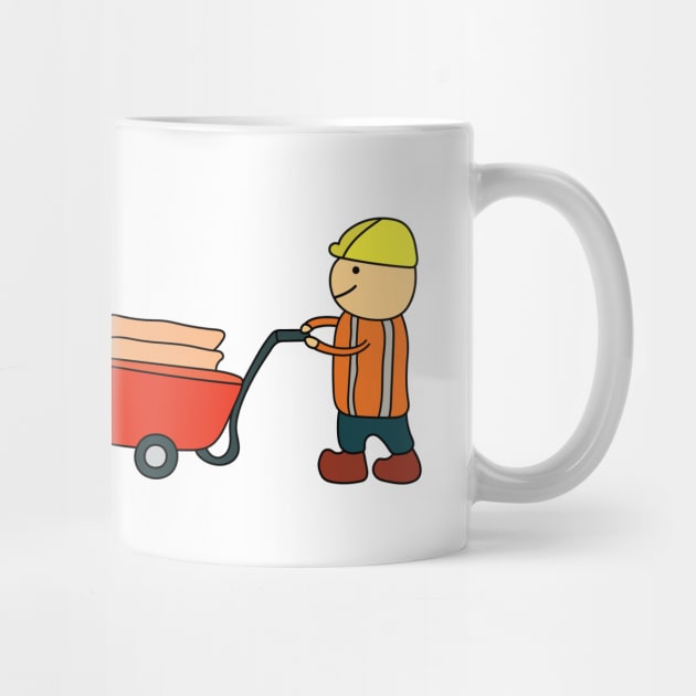 Kids drawing vector Illustration of construction workers building a brick wall and pushing wheelbarrow by wordspotrayal